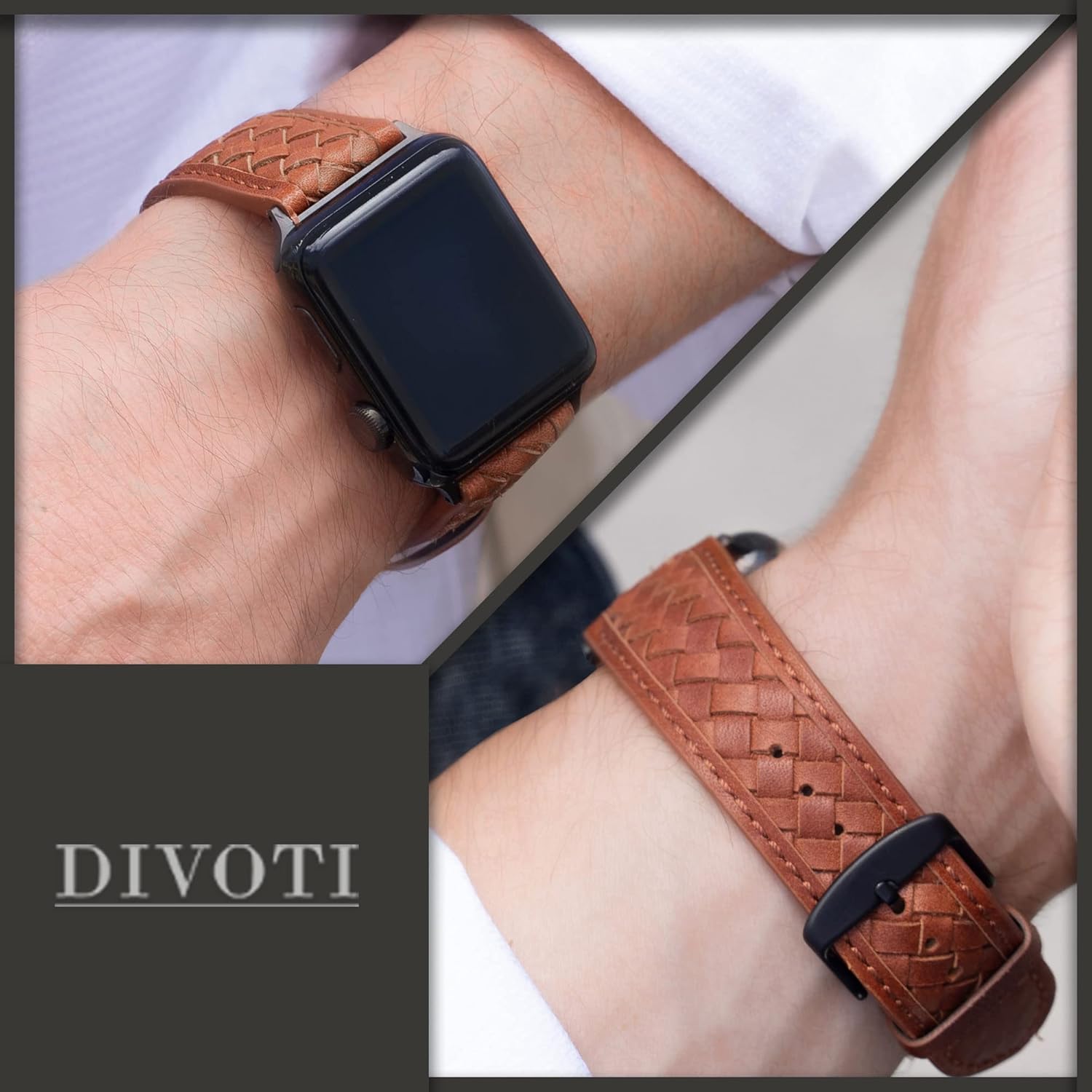 Divoti Woven Leather Watch Bands for Watch | Leather Watch Strap for all Series Apple Watch - 45/44/42-MM or 41/40/38-MM | Stainless Steel Tang Buckle Clasp | Adjustable, Hypoallergenic