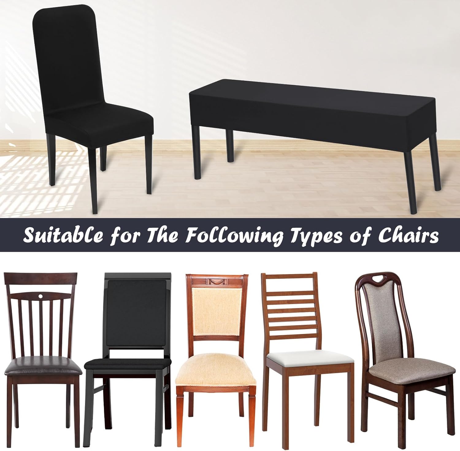 Moukeren 5 Pcs Stretch Dining Chair Covers Bench Cover Removable Washable Slipcovers Parsons Chair Slipcover Seat Protector for Dining Room Hotel Ceremony Restaurant Wedding Party(Black)