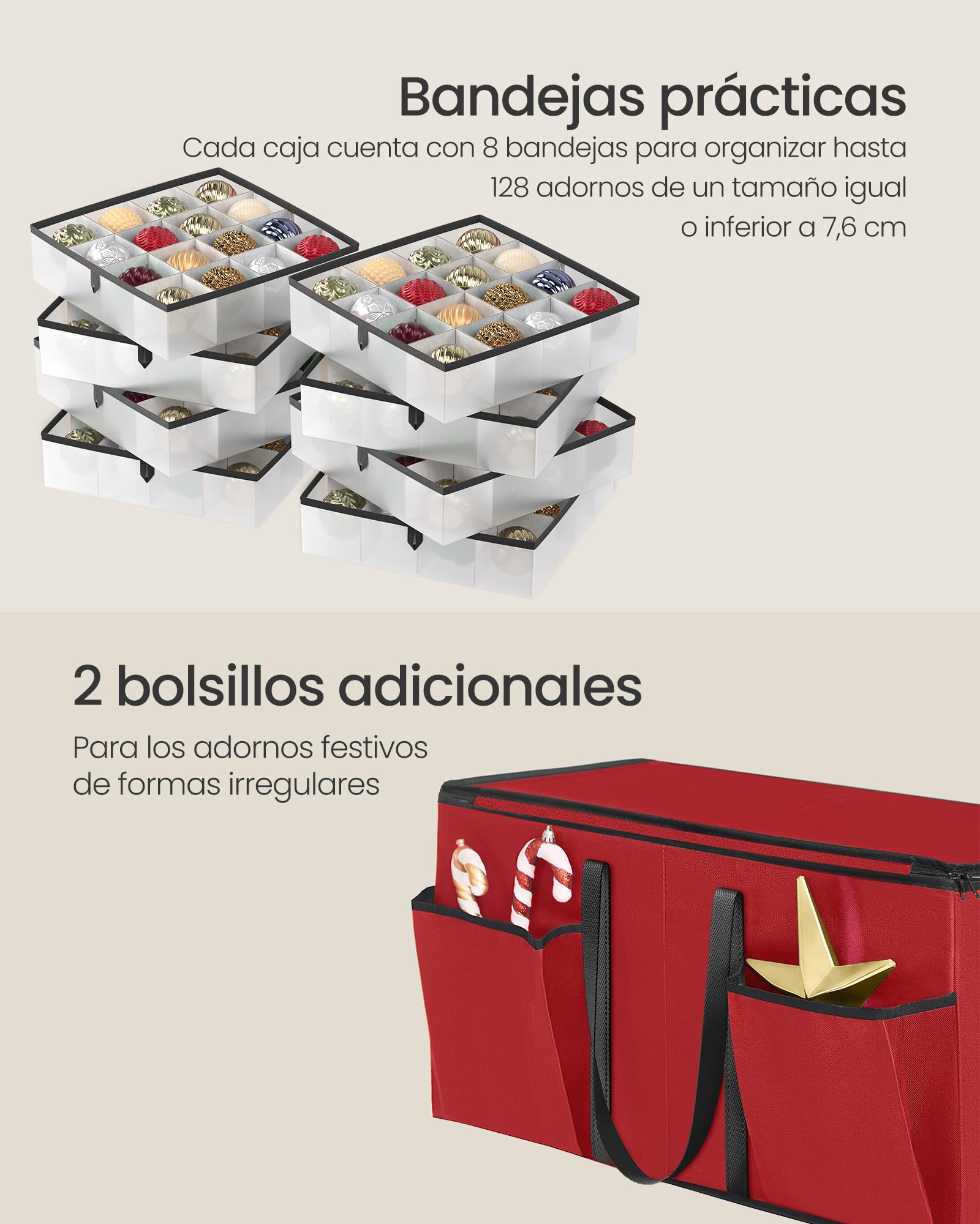 SONGMICS Caja Almacenaje para Bolas de Navidad y Decoraciones Navideñas, Juego de 2, con Tapa y Doble Cremallera, 16 Bandejas, Tela Oxford 600D, 256 Compartimentos de 7,6 cm, Rojo Cereza RFB043R01