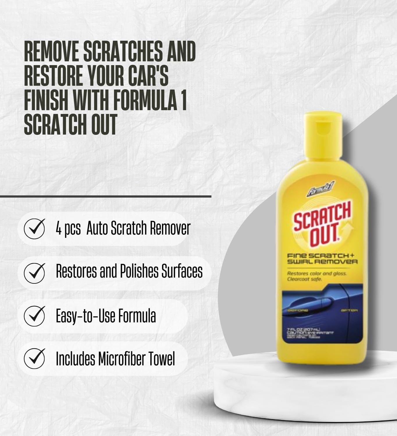 4x Formula 1 Scratch Out Auto Car Scratch Remover 7 oz Bundle with Microfiber Cloth – Reduces Appearance of Fine Scratches and Restores Paint Shine – Gift Set (5 Items)