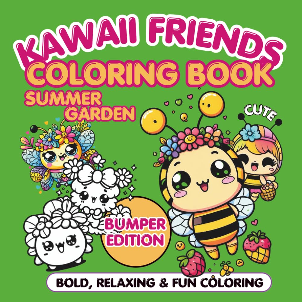 Kawaii Friends Coloring Book Summer Garden: Bumper Edition For Adults and Teens Bold Fun Designs for Relaxation