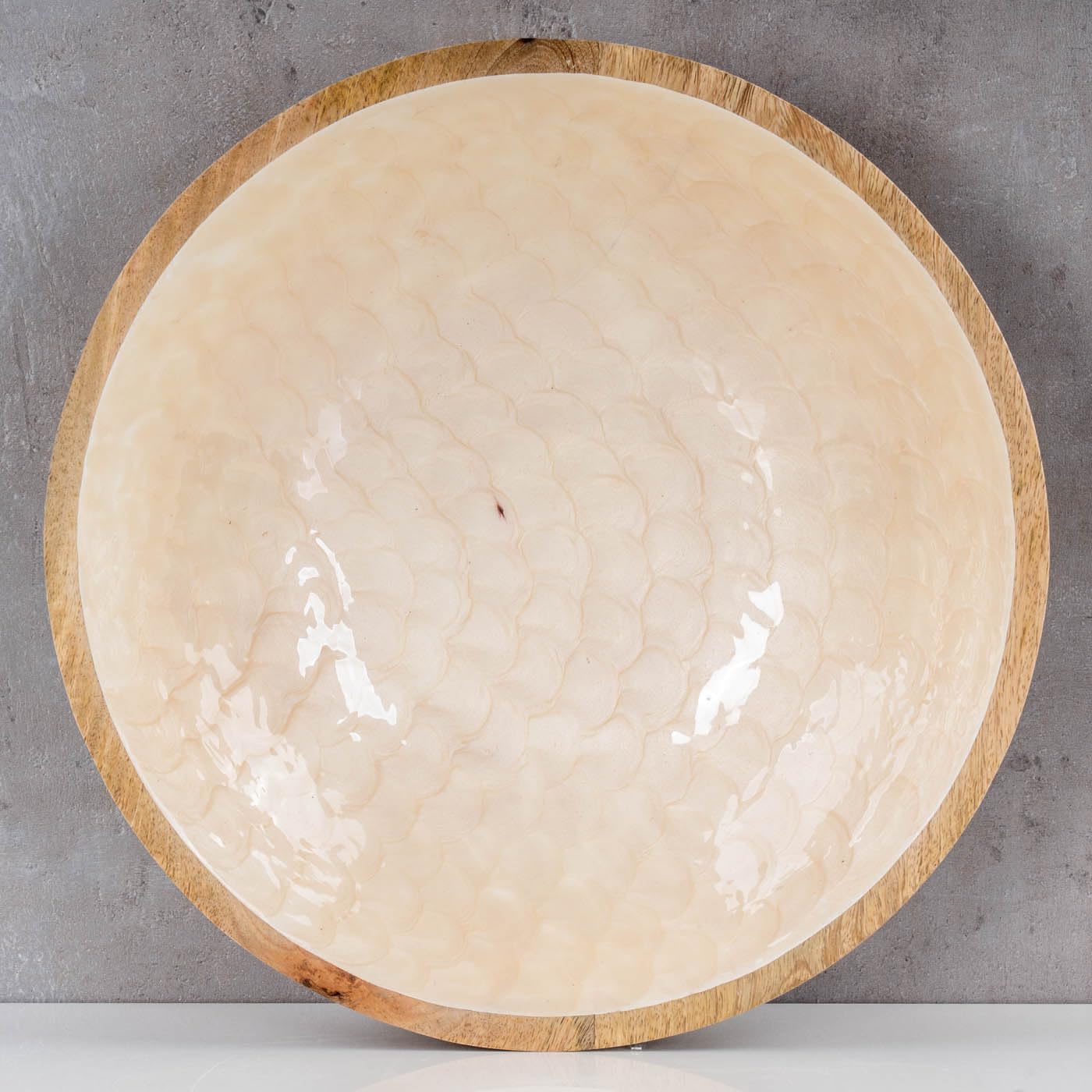levandeo Schüssel 35cm Mango Holz Creme Perlmutt Emaille Schale Bowl Salatschüssel Deko Servierplatte Tischdeko Dekoration