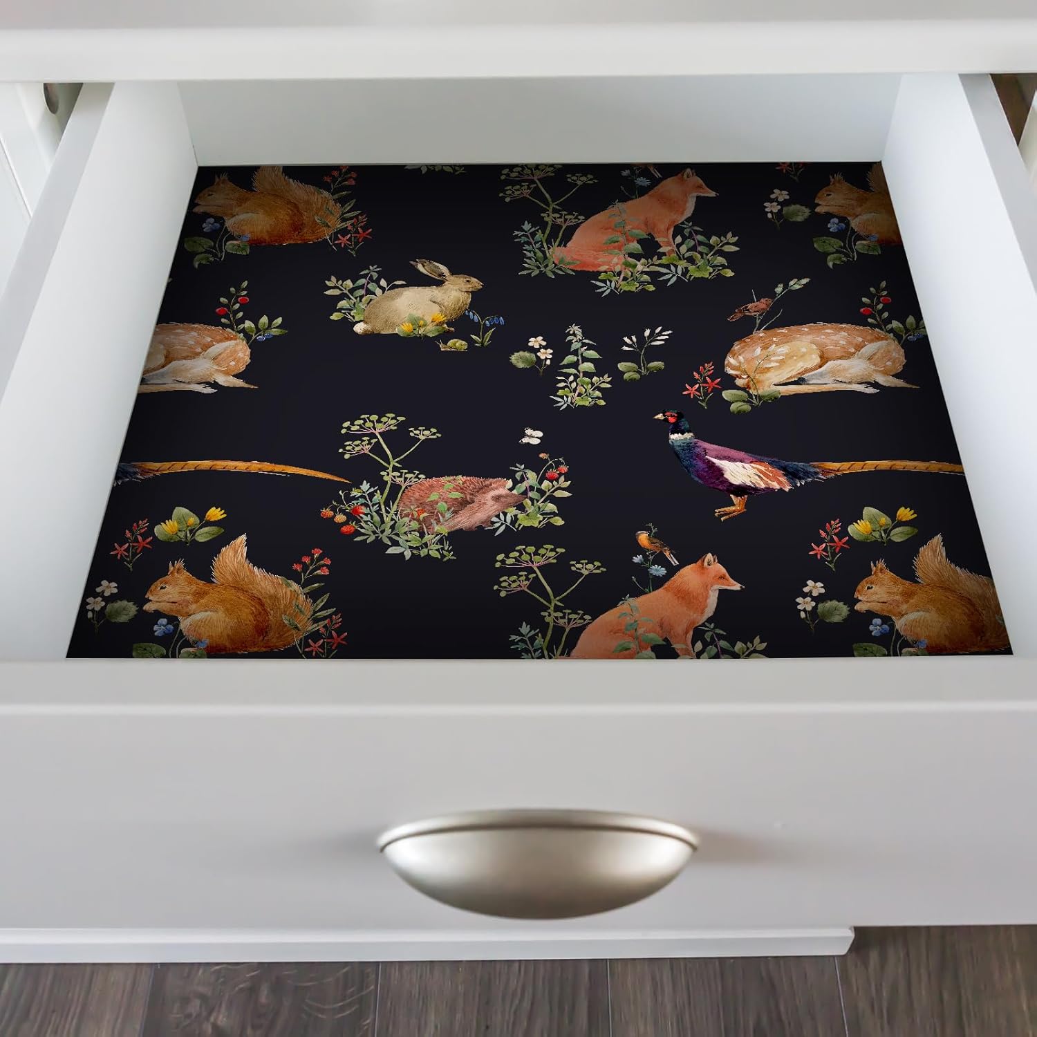 Black Animal Floral Wallpaper Peel and Stick Rabbit Fox Squirrel Deer Hedgehog Wallpaper for Bedroom Forest Wildflowers Animal Contact Paper, Self Adhesive, Removable, Vivid, Dark, 12"x118"