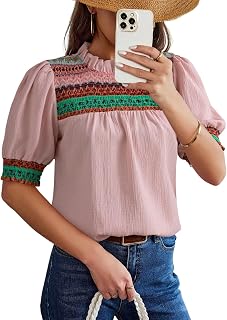 Dokotoo Boho Summer Tops for Women: Casual Crewneck Puff Sleeve Embroidered Pleated Tunic Blouses