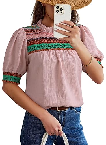 Dokotoo Summer Tops for Women Casual Crewneck Puff Short Sleeve