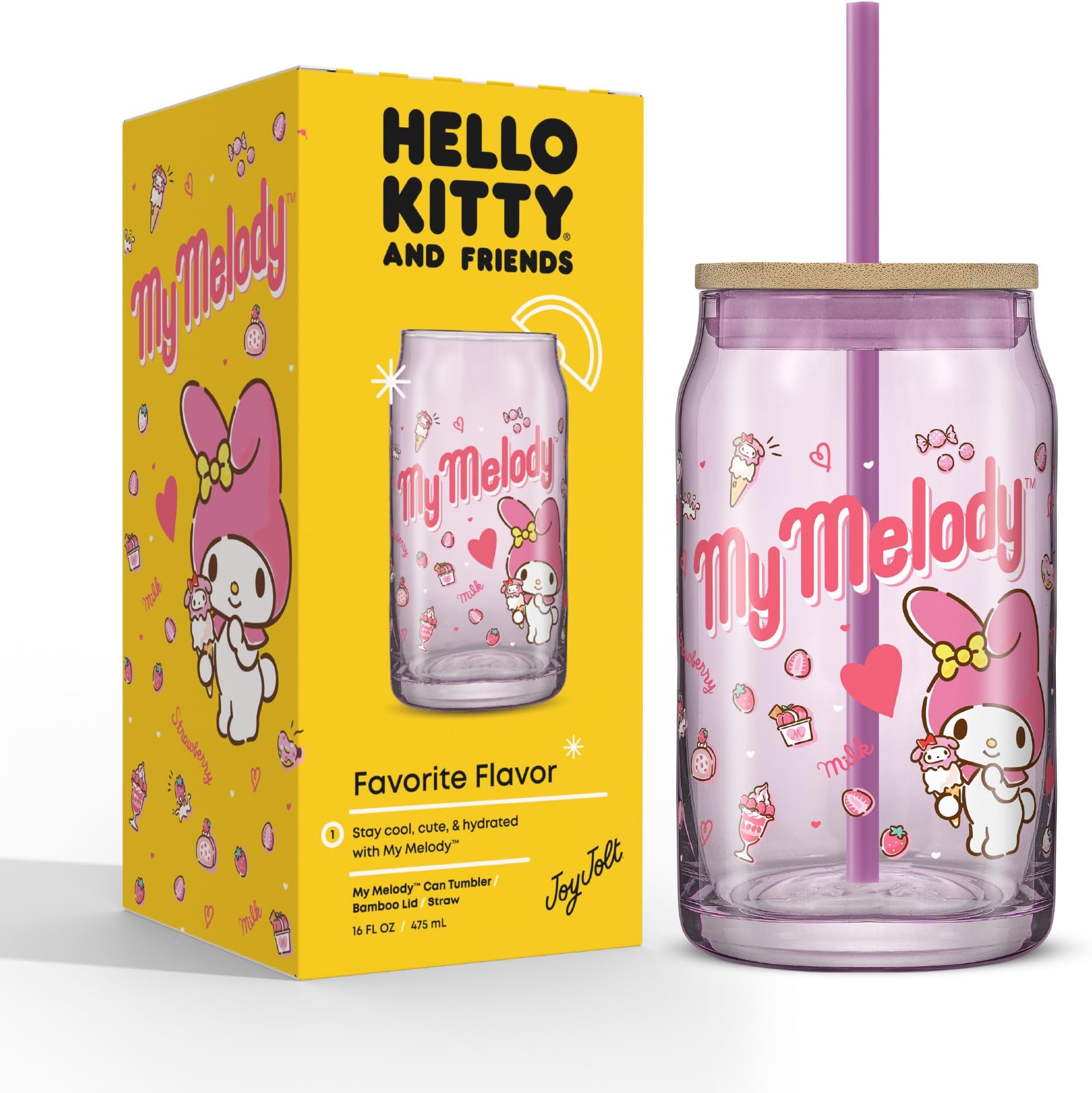 Sanrio Hello Kitty and Friends Favorite Flavor Glass Tumbler with Bamboo Lid and Straw, Leakproof 16oz Clear Soda Can Shaped Cup featuring My Melody, Hello Kitty Merch