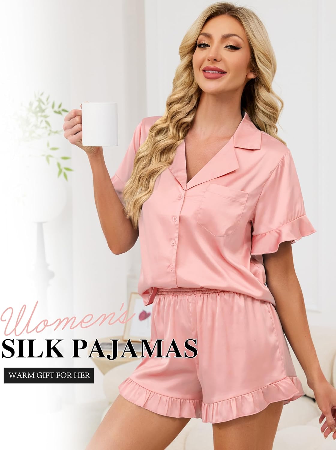 KFUBUO Silky Satin Pajamas for Women Set Short Sleeve Button Down 2 Piece Pjs Shorts Sets Soft Sleepwear Loungewear - Image 7