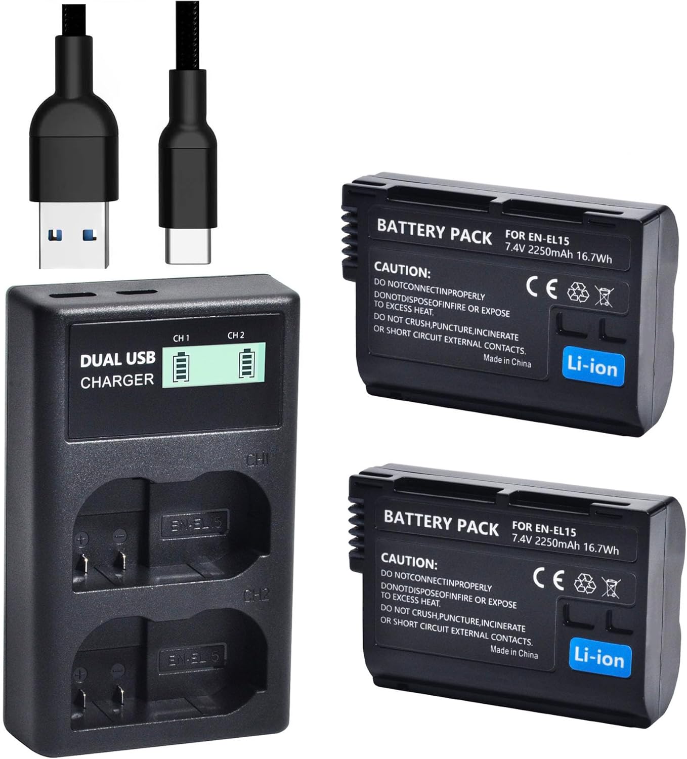 QUMOX ENEL15 /EL15a/EL15b/EL15c Batteries 2Pack and USB Dual Charger