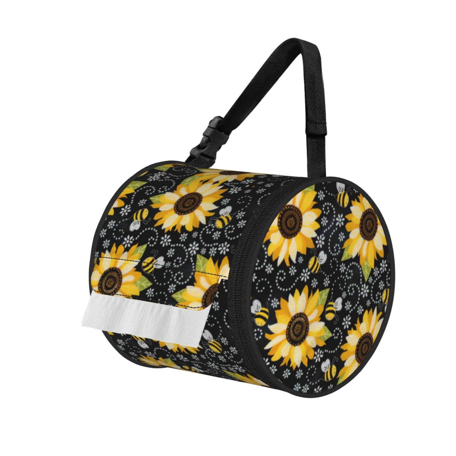 Sunflower Bees Printed Roll Paper Carrier Bag, Foldable Oxford Cloth Tissue Case for Camping Hiking Backpack