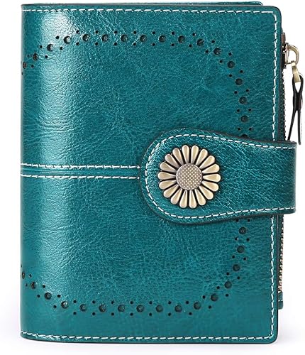 Cartera de piel auténtica para mujer, con ventana de identificación, tarjeta de crédito, protección RFID, con caja de regalo, Azul, Bifold
