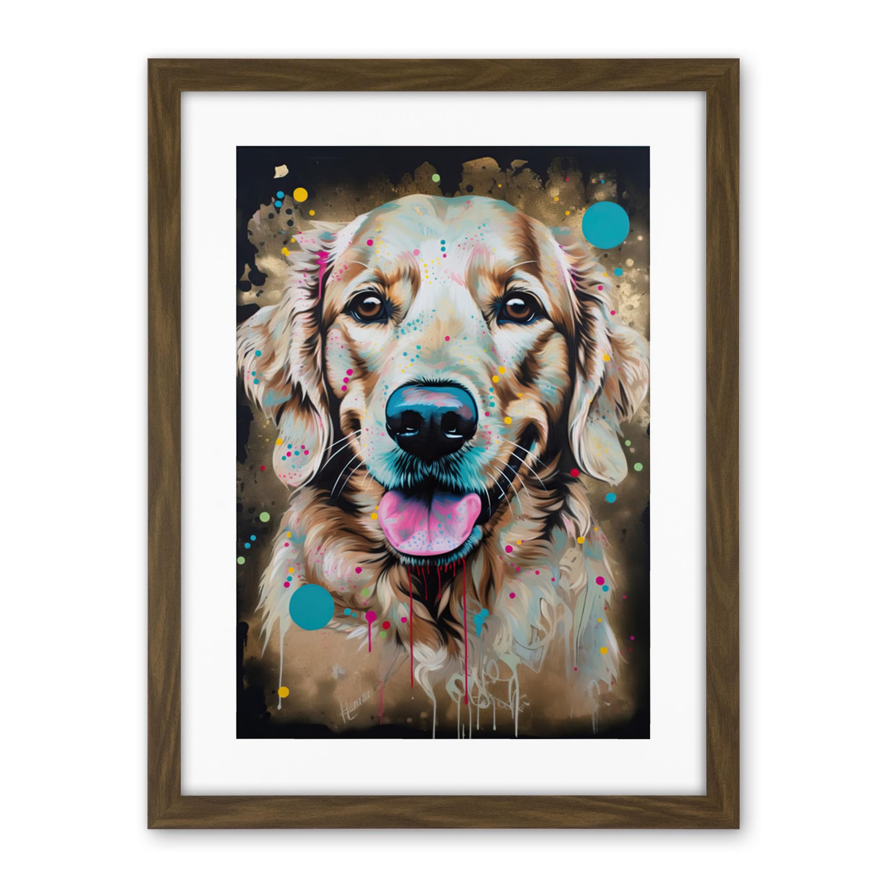 Artery8 Happy Smiling Golden Retriever Dog Portrait Artwork Framed Wall Art Print 18X24 Inch
