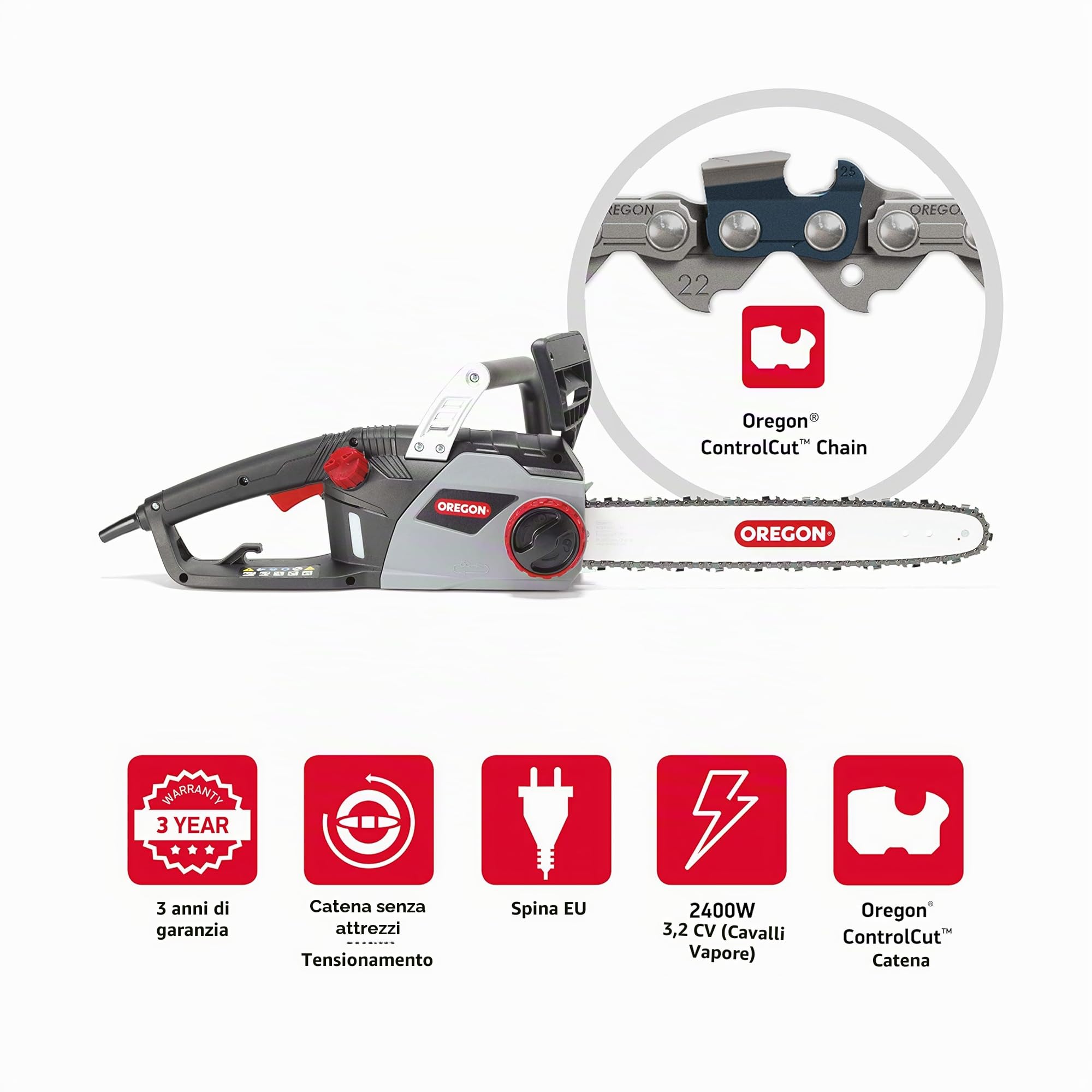 Oregon Motosega Elettrica da 2400W con Cavo e Barra Guida da 16 " (40 cm), Catena ControlCut, Leggera, Silenziosa e a Basso Contraccolpo, Oliatore Automatico, Garanzia di 3 Anni (CS1400)