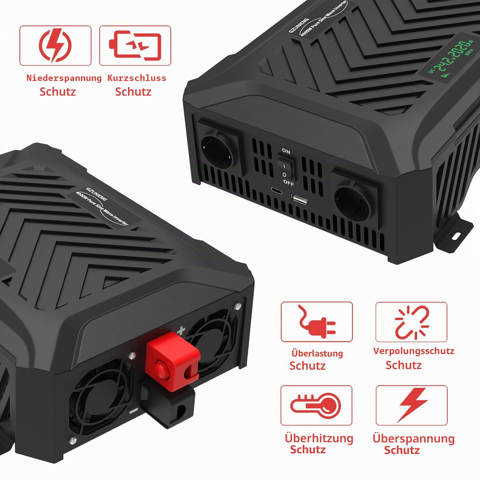 Dual Voltage Wechselrichter 12V/24V auf 230V Reiner Sinus Universal Dualer Spannungswandler 2000W/2000W, Automatische intelligente Erkennung von 12V/24V, Spitzenleistung 4000W/4000W.