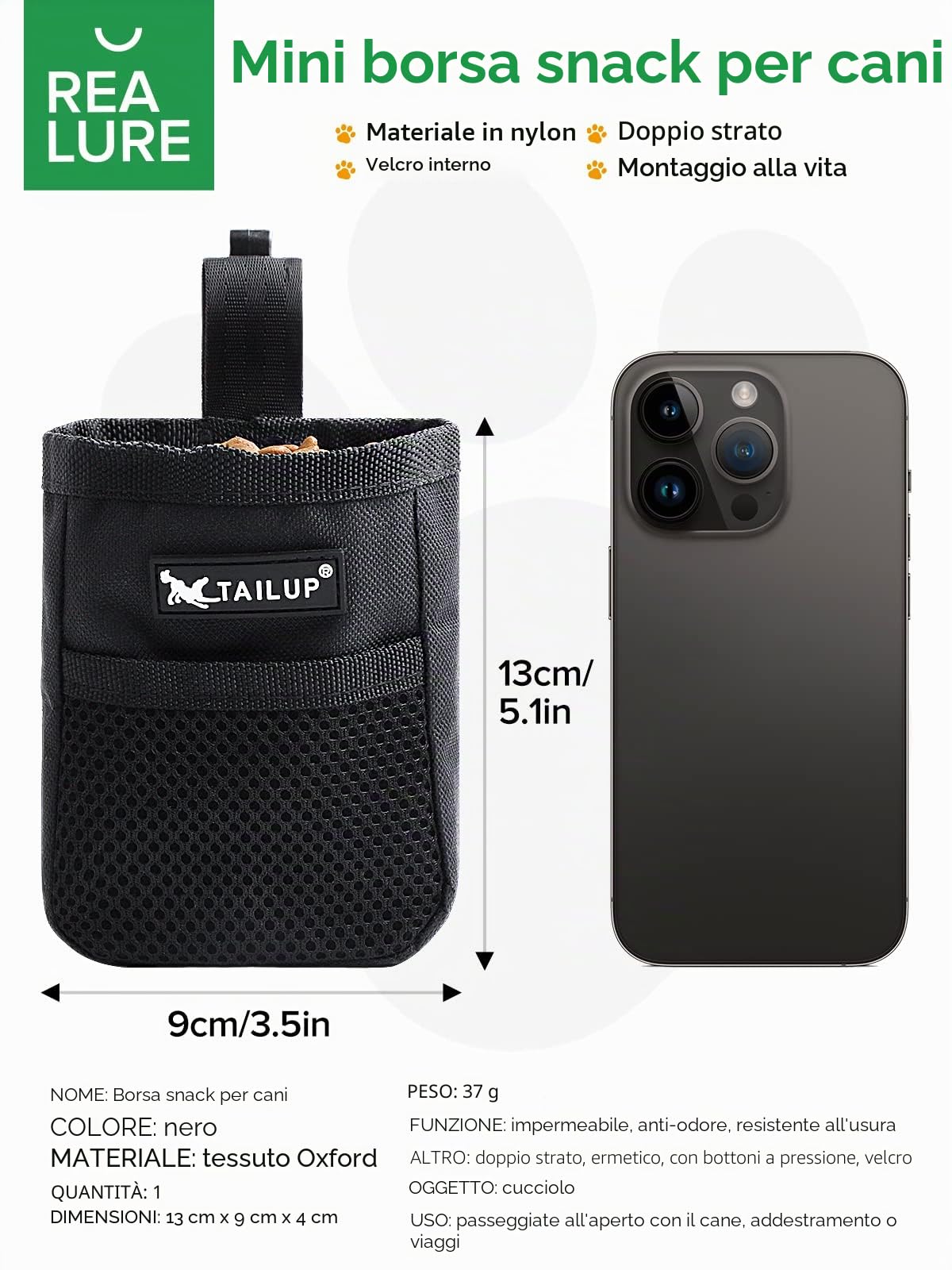 Realure Borsa Addestramento Cane, Porta Snack Cane con Clip di Fissaggio, Sacchetto Addestramento Cane, Porta Crocchette per Cani Addestramento, Porta Premi per Cani, Adatto all'Uso Esterno (Nero)