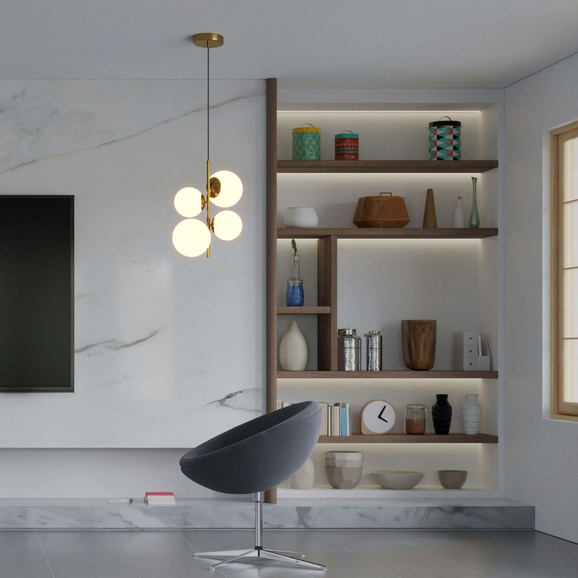 BARCELONA LED Lampadario a Sospensione con 4 Sfere in Vetro Opalino Bianco, Corpo in Metallo Oro/Rame, Moderno e Retrò, Ideale per Camera, Ufficio, Scale, Sala da Pranzo, Caffè, Ingresso