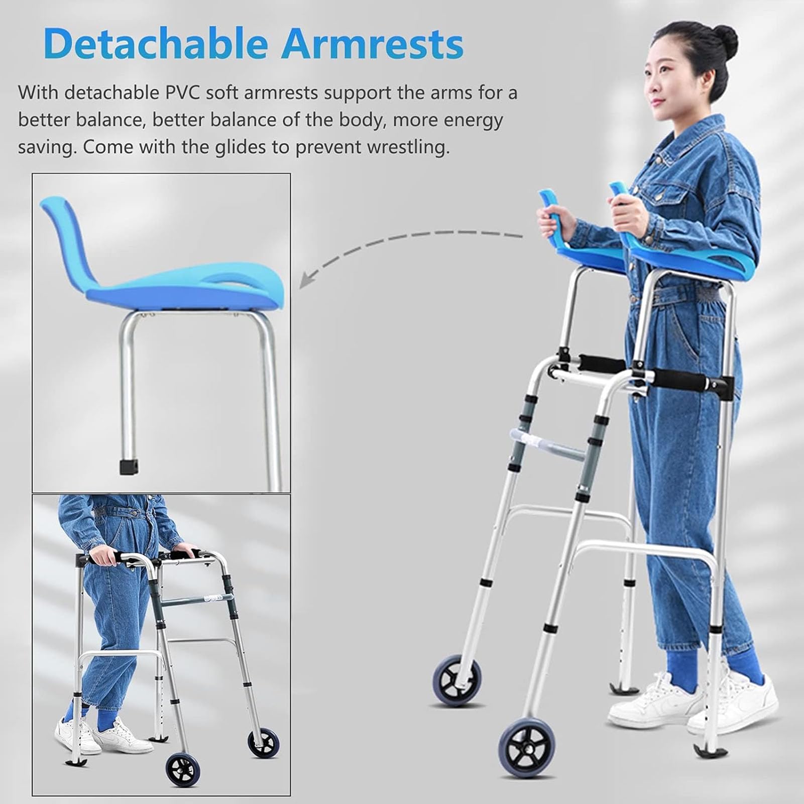 Andador Plegable con Reposabrazos Extraíbles, Andador Vertical para Ancianos De Aluminio Plegable, Soporte para Antebrazo/Adultos, Altura Ajustable Regulable En Altura, Ruedas Sólidas