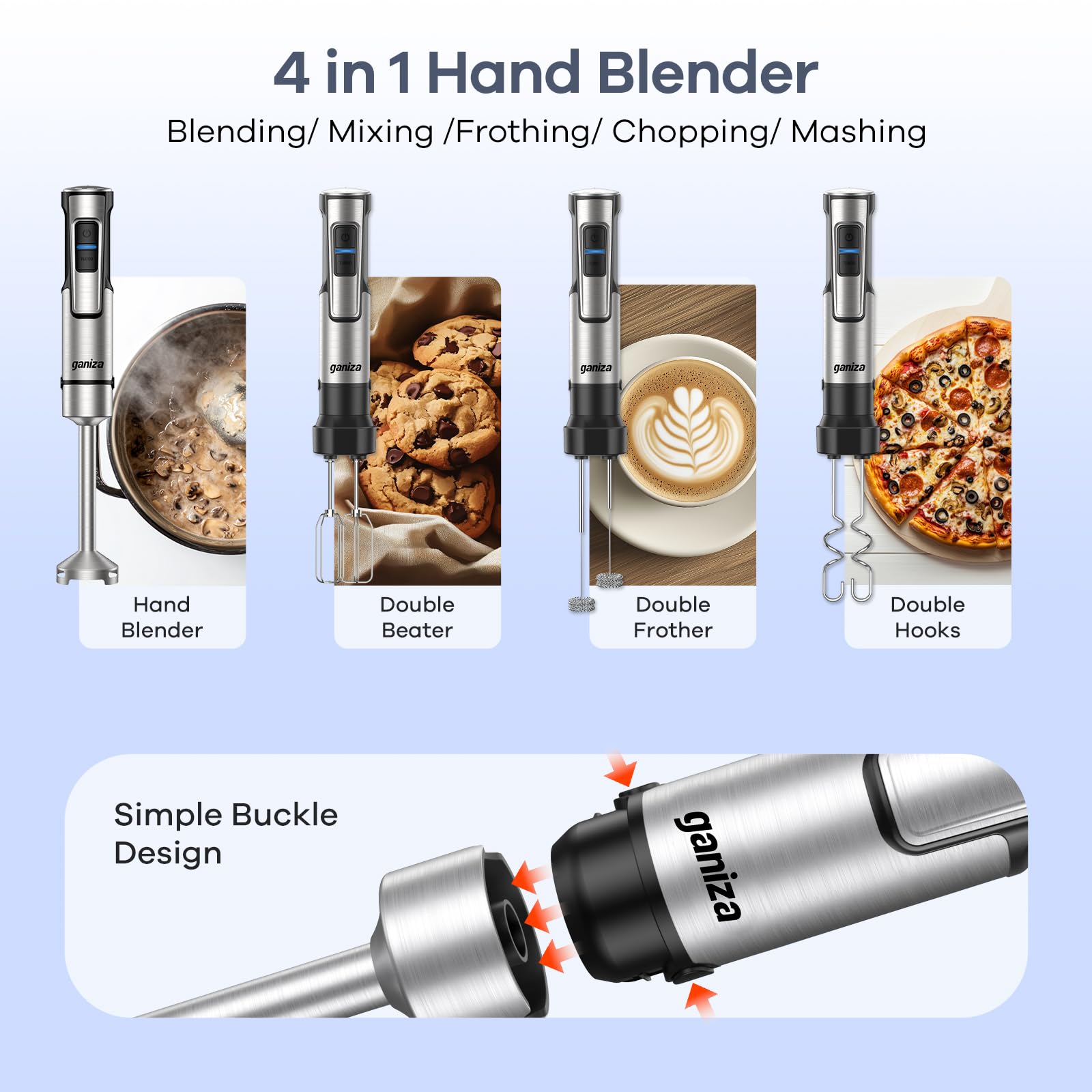 Ganiza Frullatore a immersione 5 in 1, frullatore elettrico 1200 W con velocità regolabile e funzione TURBO, piede frullatore con doppio schiumatore di latte, ideale per salse, zuppe, frullati e