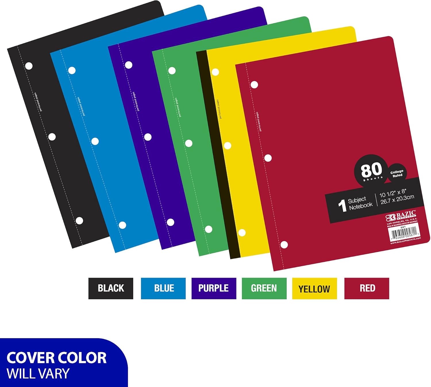 BAZIC Products Notebook College Ruled 1 Subject 80 Sheets Wireless Notebooks, Lined Composition Book, Assorted Color, 24-Pack