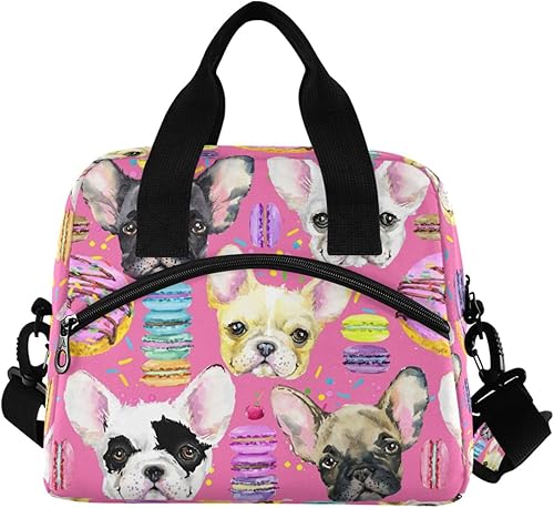 Lindos perros dona rosa bolsa de almuerzo aislada animales coloridos macarrón reutilizable con correa para el hombro para el trabajo, picnic,