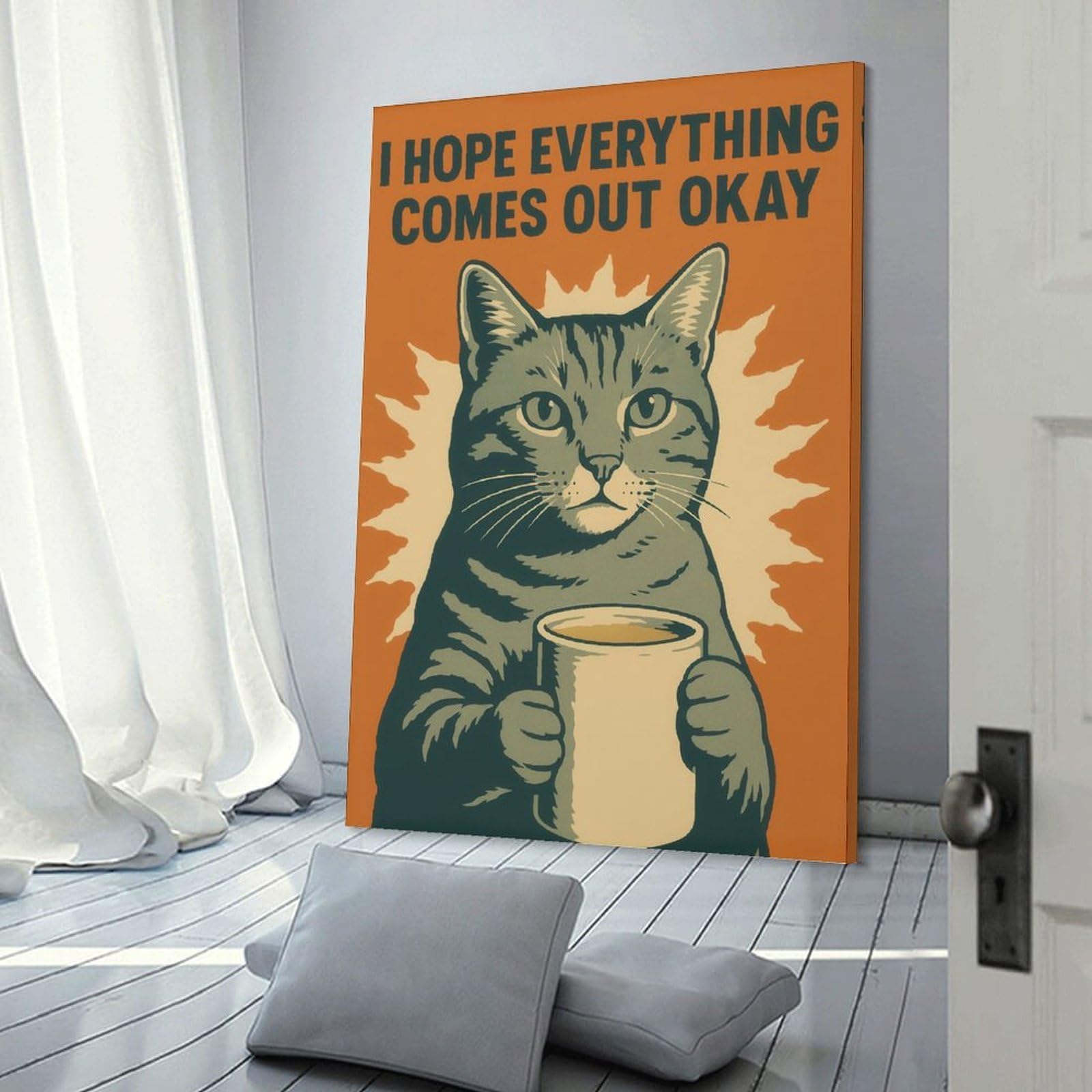 Junmoney Cat with Coffee - Hopeful Toilet Message Wall Decor Canvas Print, 24x36inch(60x90cm), for Small Homes, Bedrooms Or Open Spaces, Wall Decor with Flexible Room Appeal