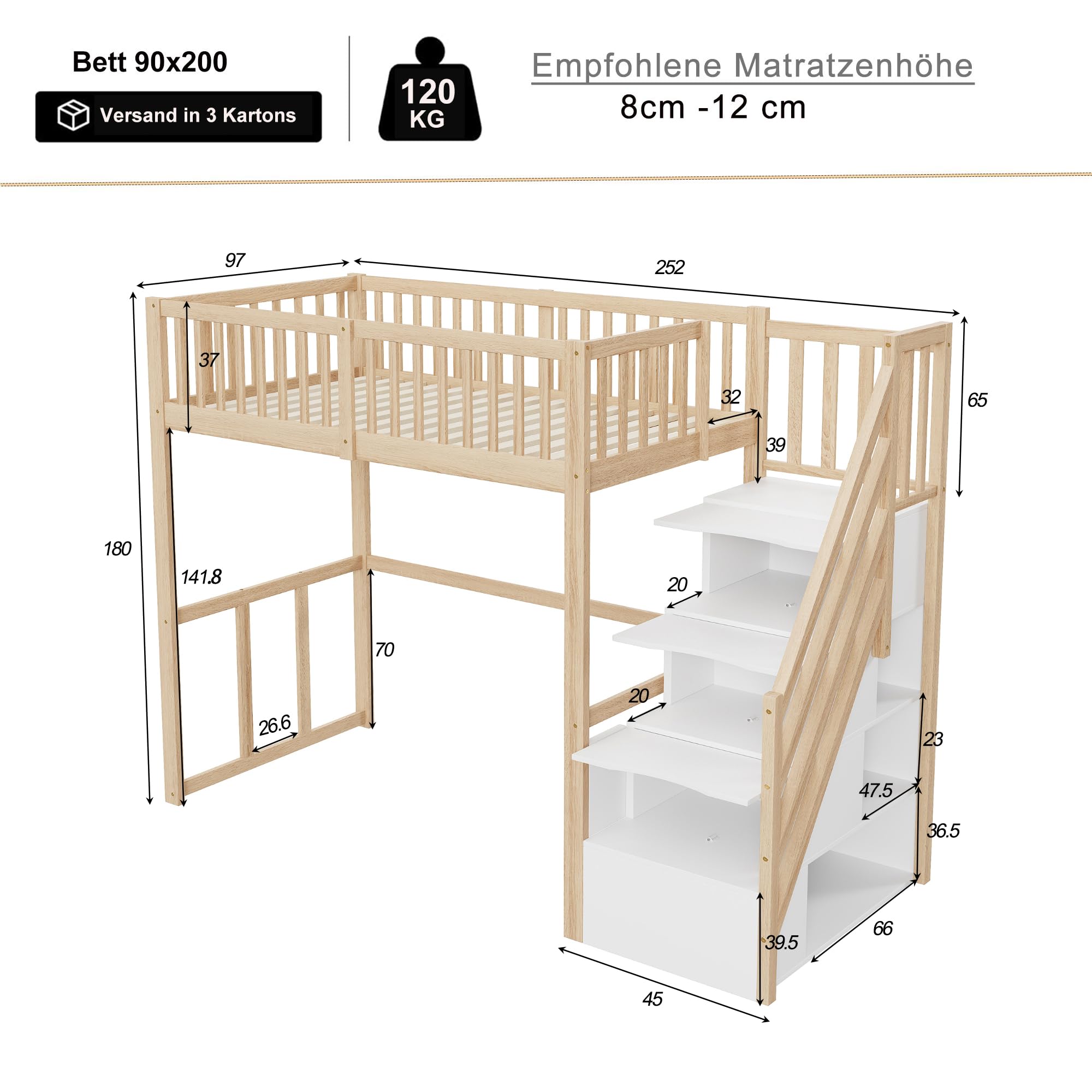 Letto a soppalco per bambini, 90 x 200 cm, con scala di sicurezza e vano portaoggetti, letto per ragazzi in legno di pino massiccio con rete a doghe, letto singolo per la cameretta dei bambini, letto