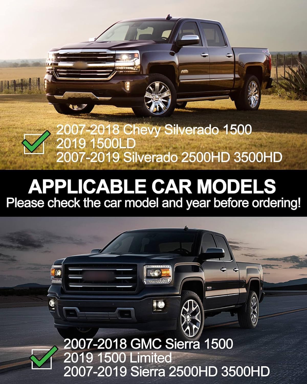 Running Boards Compatible with 2007-2019 Chevy Silverado/GMC Sierra 1500(2019 1500LD/Limited Only), 2007-2019 2500HD 3500HD Double/Extended Cab,Stainless Steel Side Steps Nerf Bars