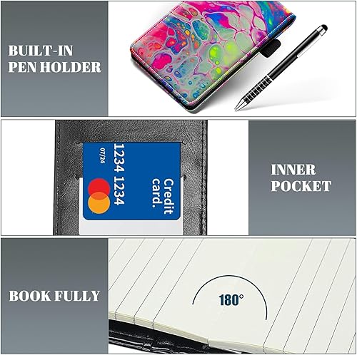 Miniatura 5 de Juego de 4 mini blocs de notas de bolsillo, funda de cuero sintético de mármol abstracto con 2 ranuras para tarjetas, 1 lápiz capacitivo y 2