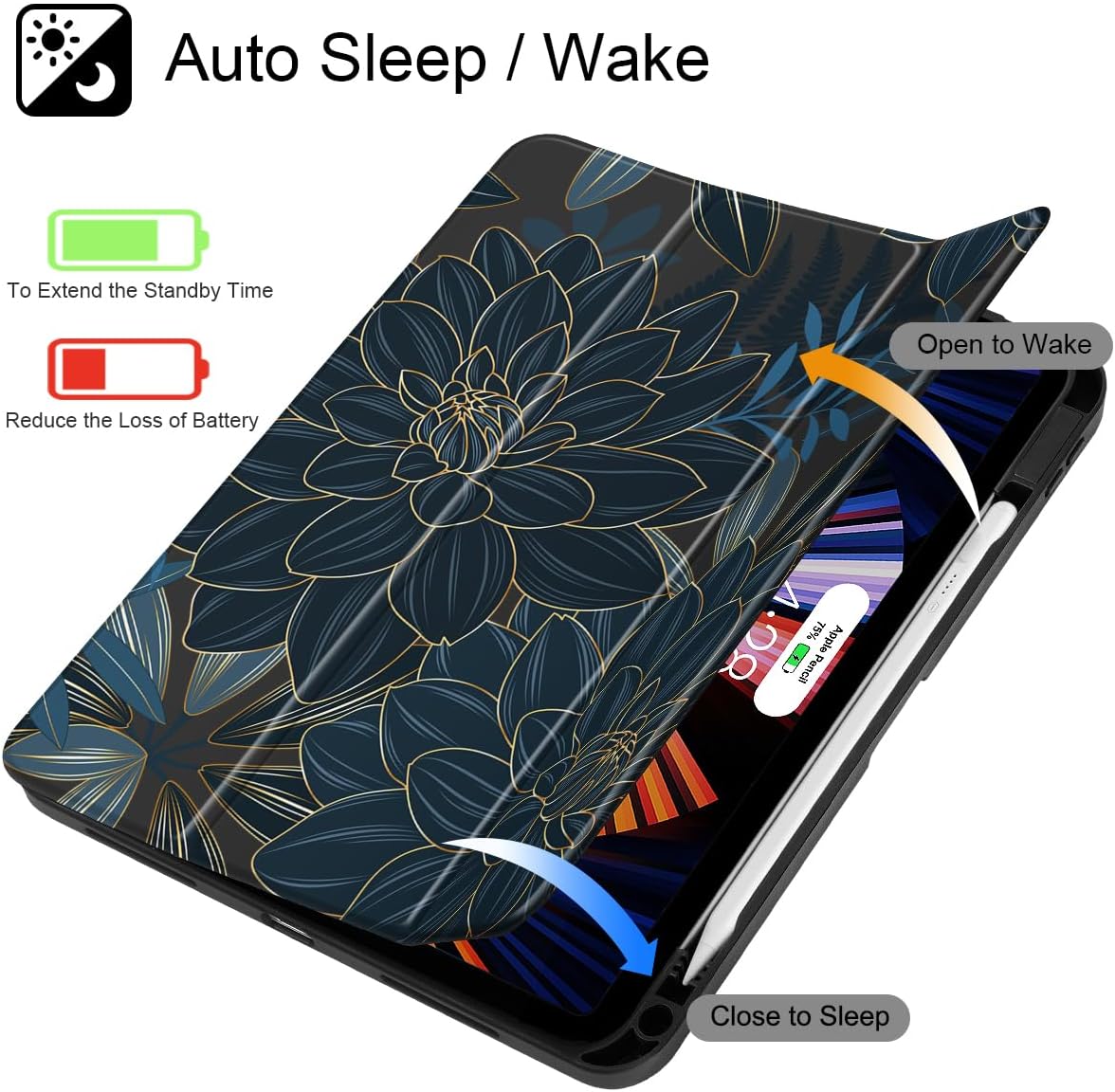 Tuiklol Case for iPad 11 inch (A16 Chip) 2025 Generation 11th / iPad 10.9 inch 2022 10th Gen, Buit in Pencil Holder with Shockproof Cover Clear Transparent Back Shell Auto Wake/Sleep, Black Flower - Image 2