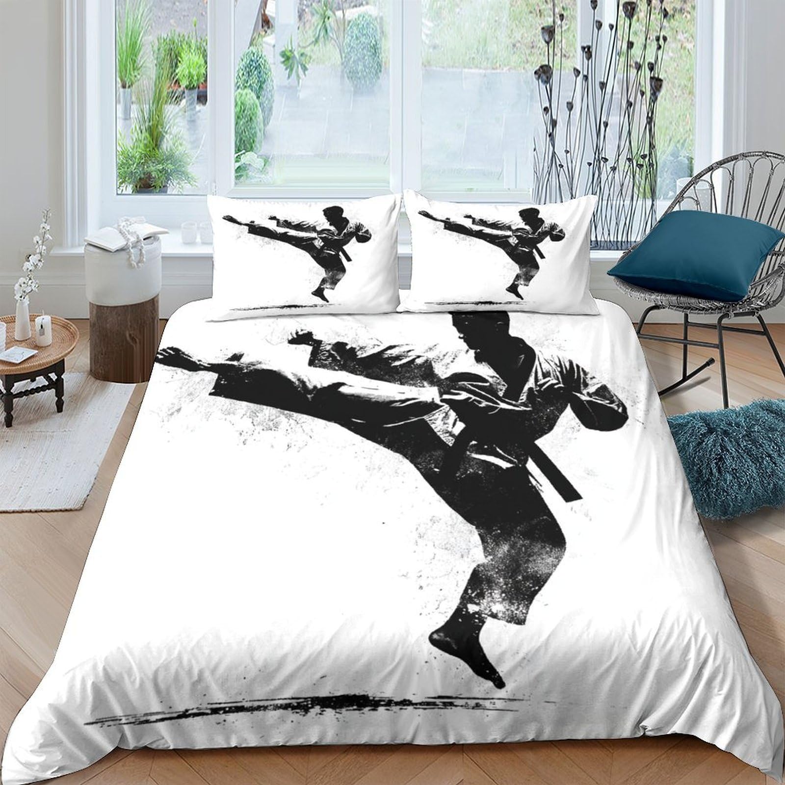Ctjqhvkz Style-7 3D Printed Martial Arts Fitted Sheet Microfiber Soft Black White Karate Kicks Bed Cover For Bedroom Dorm Mattress Protection Decor Single（135X200cm）