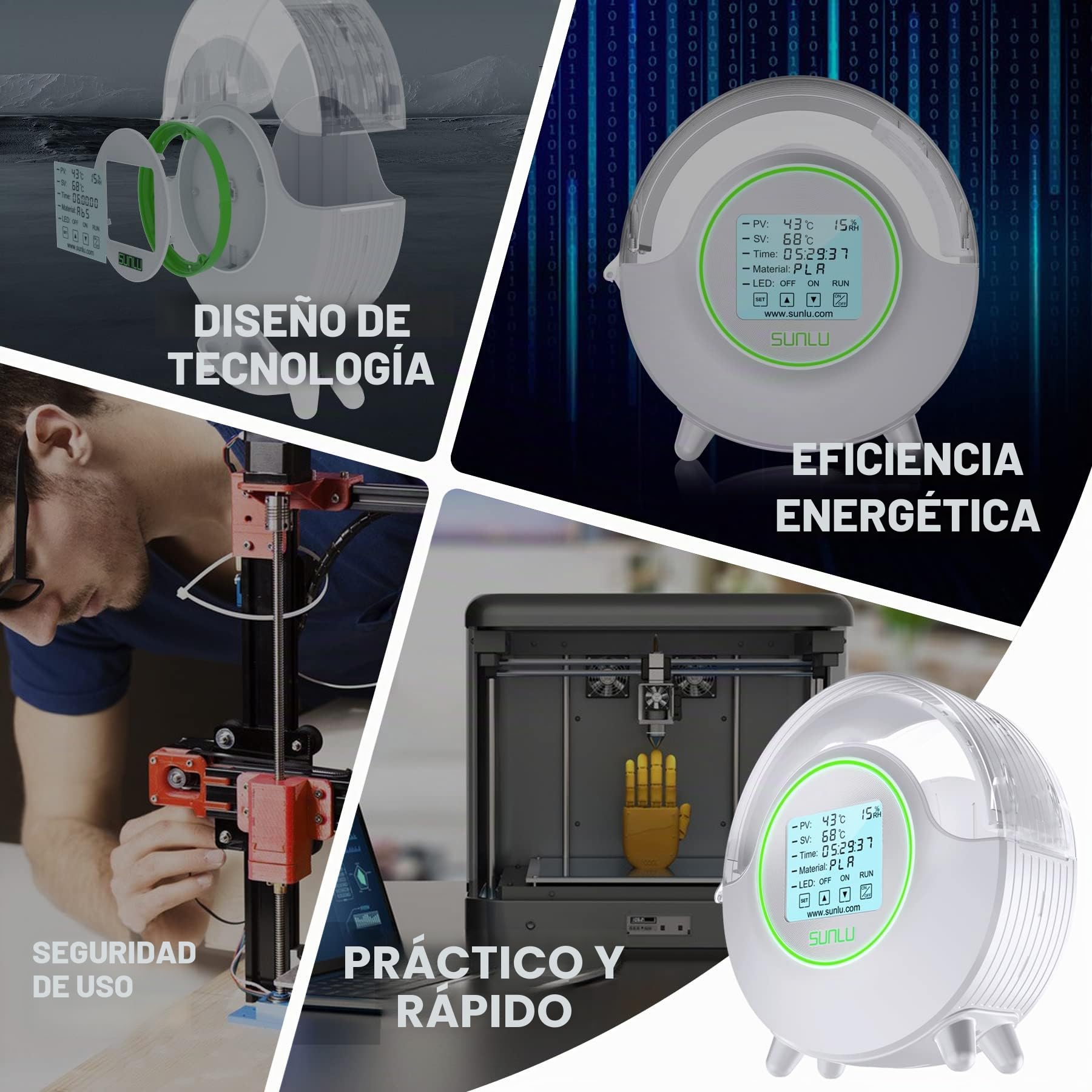 SUNLU Caja de secador de filamentos para impresora 3D, mantiene los filamentos secos durante la impresión 3D, calefacción completa de 360°, gran pantalla táctil LCD, compatible con filamento de 1,75