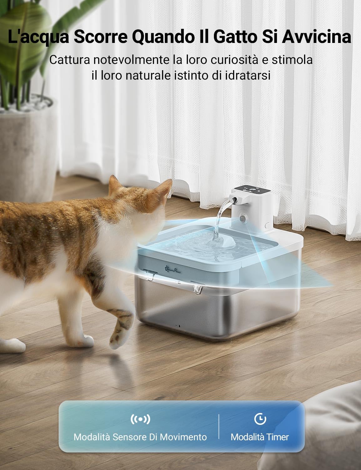 DownyPaws 2,5L Fontanella per Gatti Senza Fili, Fontana con Sensore di Movimento, a Batteria Ricaricabile 4000mAh, Acqua Distributore Abbeveratoio Elettrico