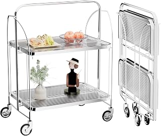 Servierwagen mit Rollen, Servierwagen Klappbar, Dinett 2 Tier Ablagekorb aus Temperglas with Wheels, für Küche, Barwagen, Rollwagen Metall, Teewagen, Weinwagen, moderner Getränkewagen