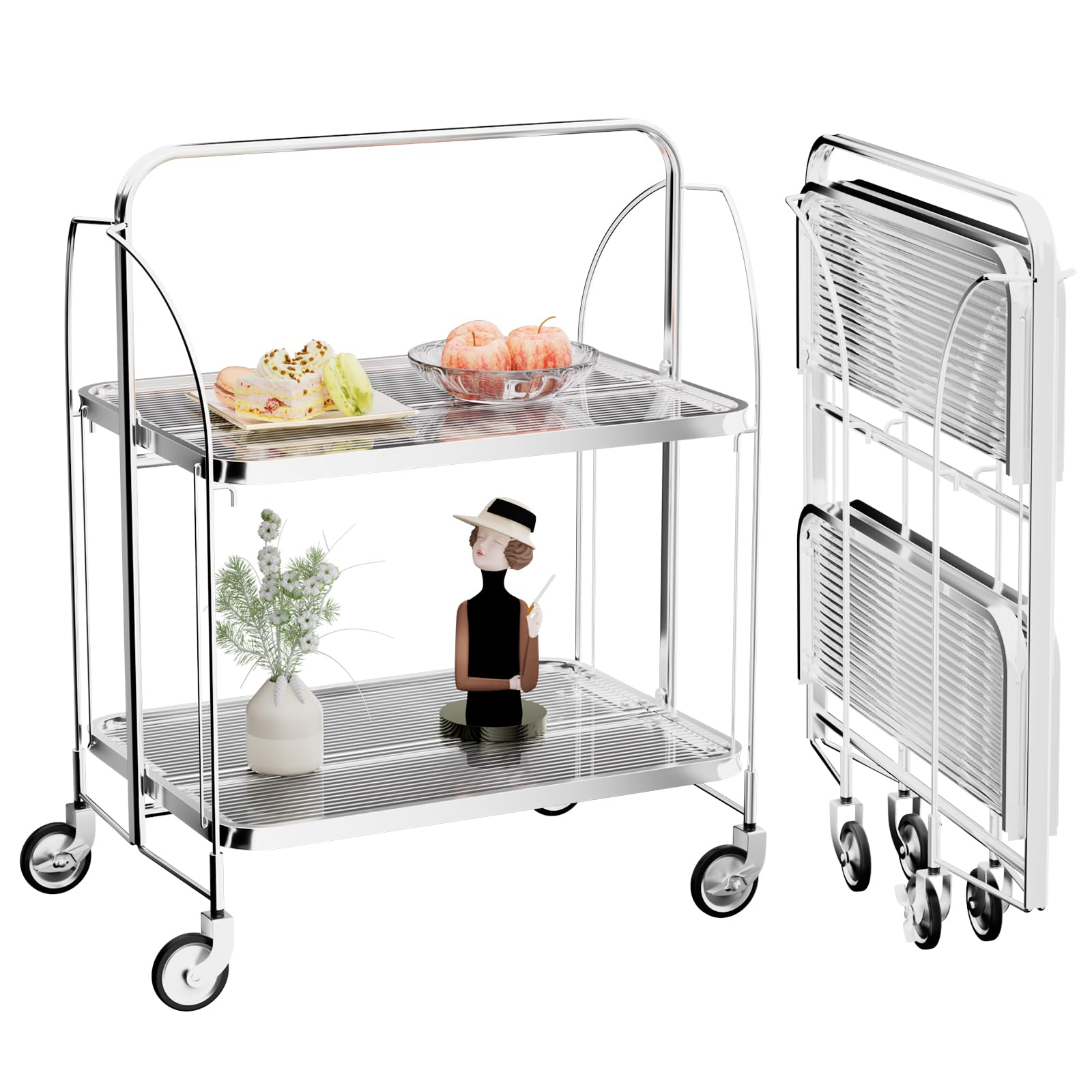 Servierwagen mit Rollen, Servierwagen Klappbar, Dinett 2 Tier Ablagekorb aus Temperglas with Wheels, für Küche, Barwagen, Rollwagen Metall, Teewagen, Weinwagen, moderner Getränkewagen