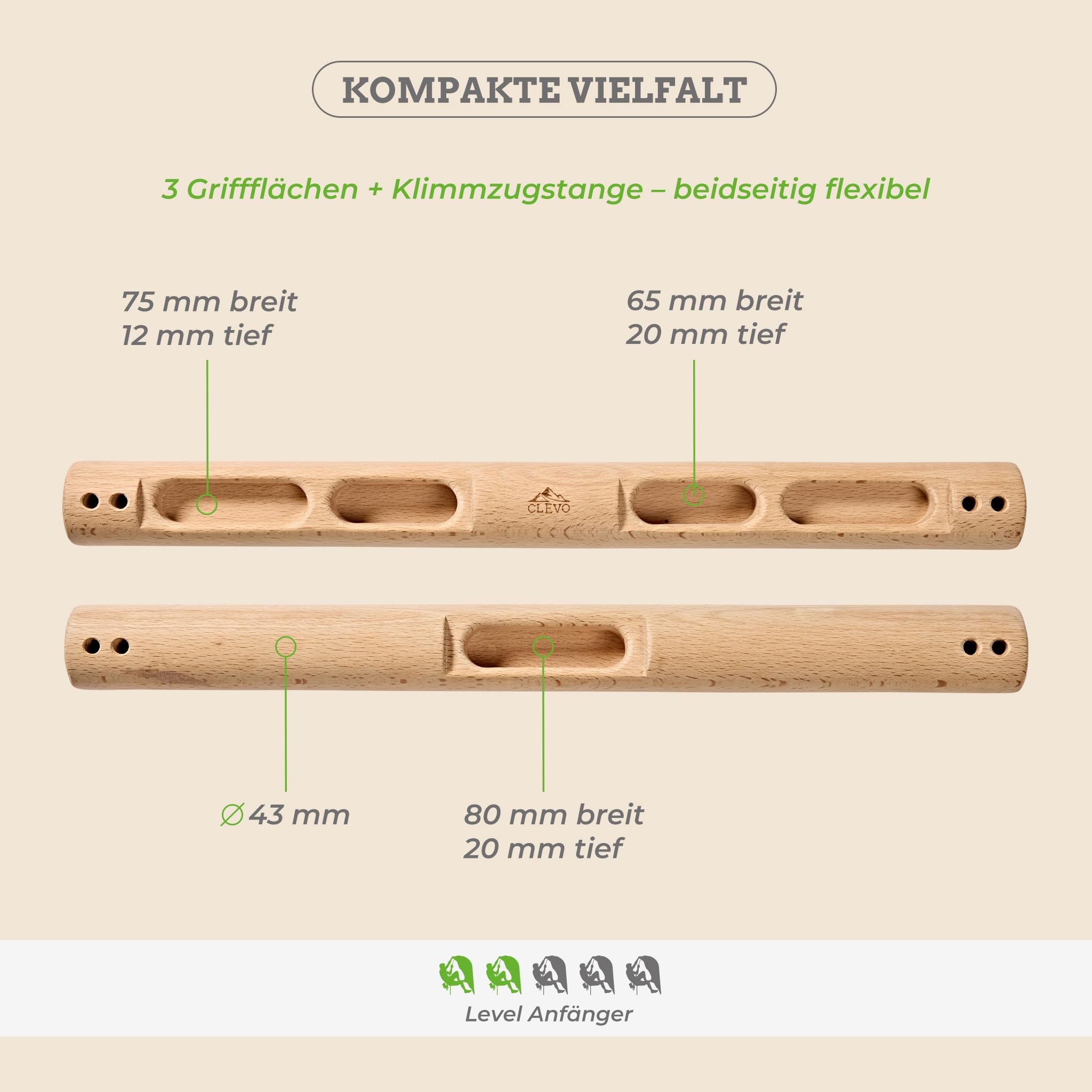 Clevo - Fingerboard Slim – Hangboard für Klettertraining & Bouldern – Kompaktes Trainingsboard für Fingerkraft – Griffbrett Holz mit Seilaufhängung – Boulder Zubehör für Indoor & Outdoor