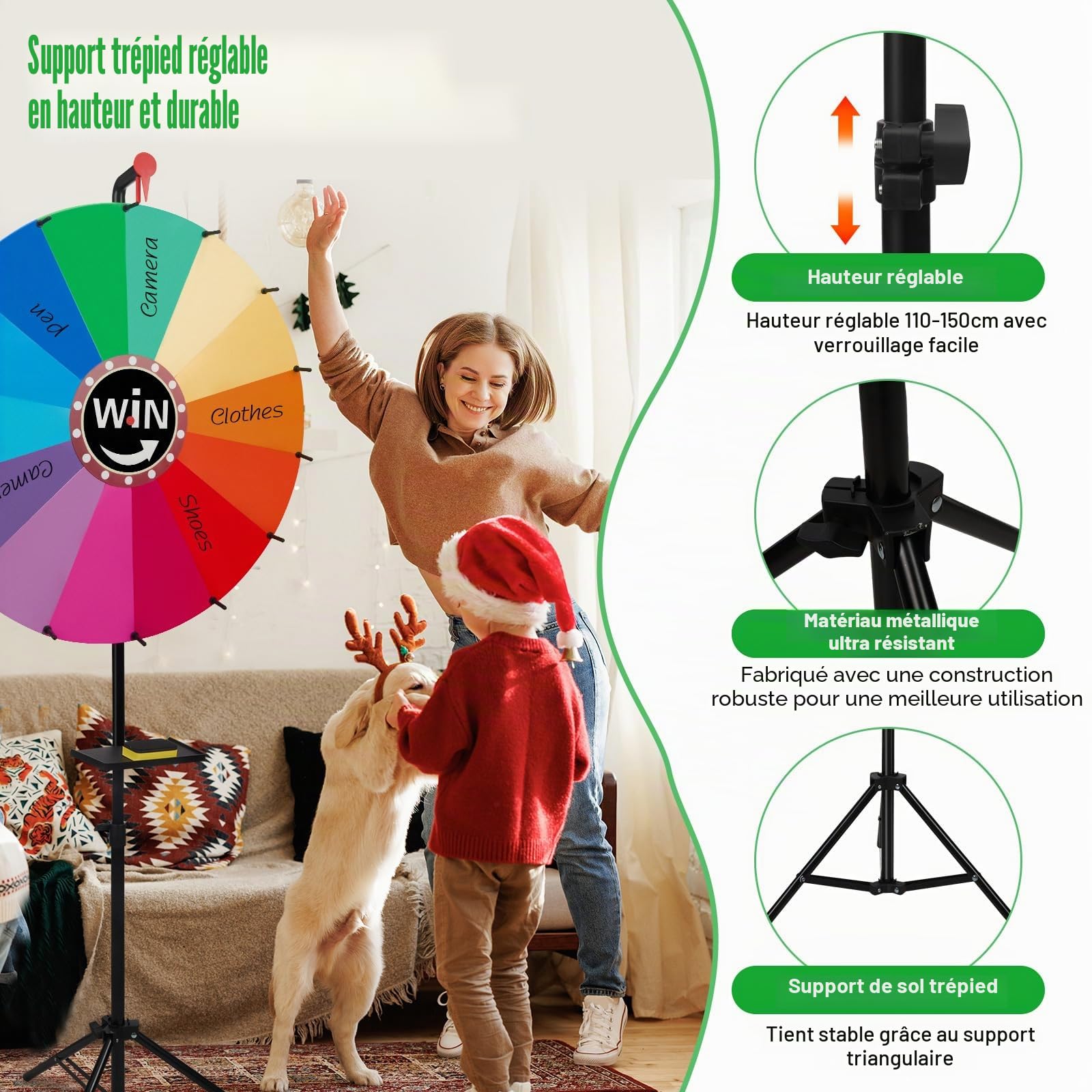 Grande roue porte-bonheur de 61 cm à tourner - Roue de fortune pour créer des dauphins - Avec 14 places de prix de couleur réglables - Support réglable de 100 à 160 cm - Roue rotative - Jouet pour