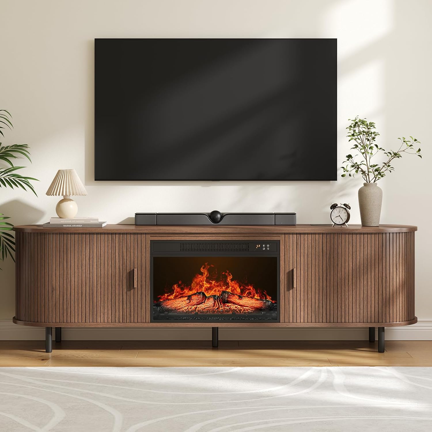 70.8" Fluted Fireplace TV Stand with 23" Electric Fireplace, Modern Chic Entertainment Center for TVs Up to 80 inches, Wooden Curved Media Console with Sliding Doors for Living Room, Walnut