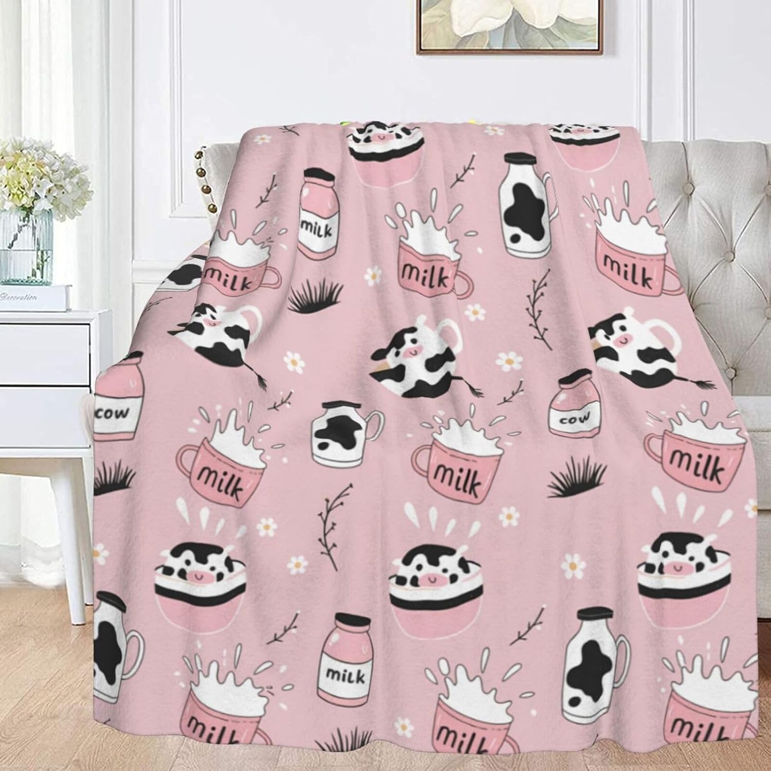 Funny Animals Cow Milk Print Flannel Fleece Throw Blanket 50x60 inch Living Room/Bedroom/Sofa Couch Warm Soft Bed Blanket for Kids Adults