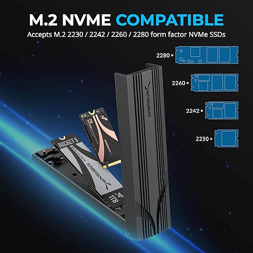 Miniatura 7 de SABRENT Carcasa USB C NVMe, Carcasa SSD M.2 sin herramientas para 2230-2280, adaptador USB 3.2 Gen 2 de 10 Gbps, refrigeración de aluminio, carcasa