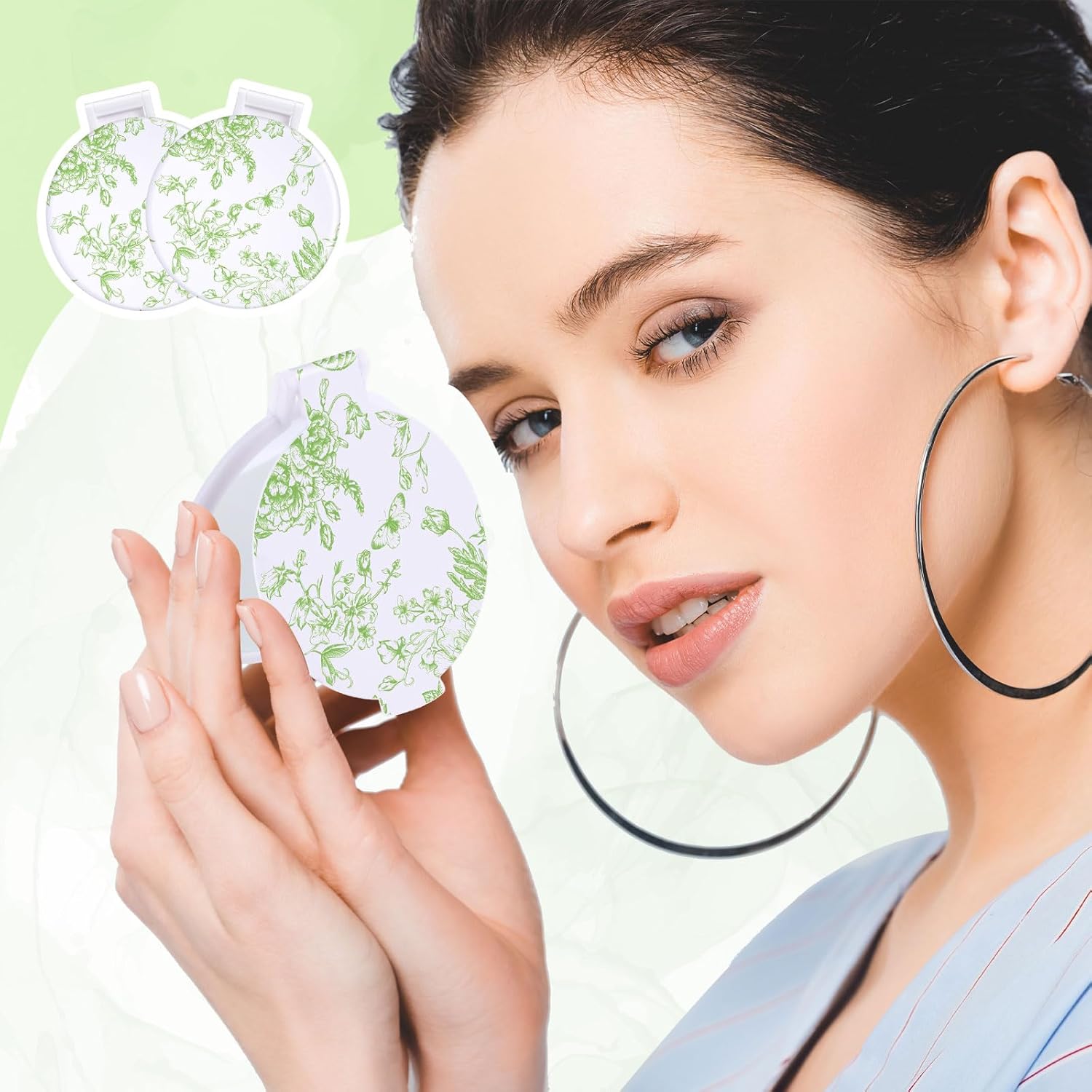 24 Pcs Floral Small Compact Mirrors Bulk for Women Mini Pocket Mirrors Purse Travel Makeup Portable Folding Glass Gift for Wedding Guest Bridal Shower Birthday Party Favor (Green) - Image 4