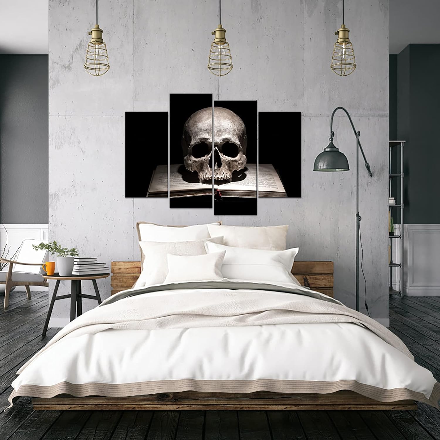iLOOKLiKE 4 Pieces Skull Head on Book Canvas Wall Art Cool Skeleton Picture Poster Black and White Wall Decor Modern Vintage Artwork Stretched and Framed Poster Picture for Living Room Bedroom