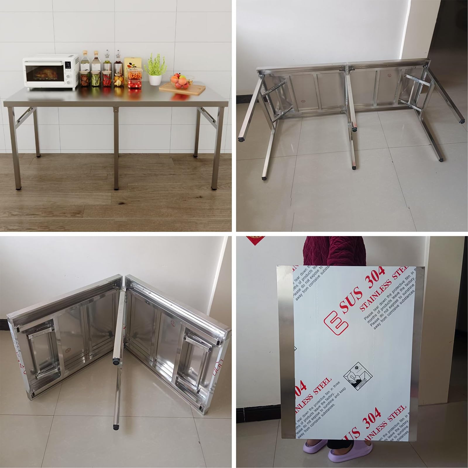 Tavolo Lavoro Tavolo Pieghevole Acciaio Inossidabile Tavolo Campeggio Portatile Esterni Tavolo Preparazione La Cucina Tavolo Metallo Robusto Gambe Regolabili(62.9 * 23.6 * 29.5in)