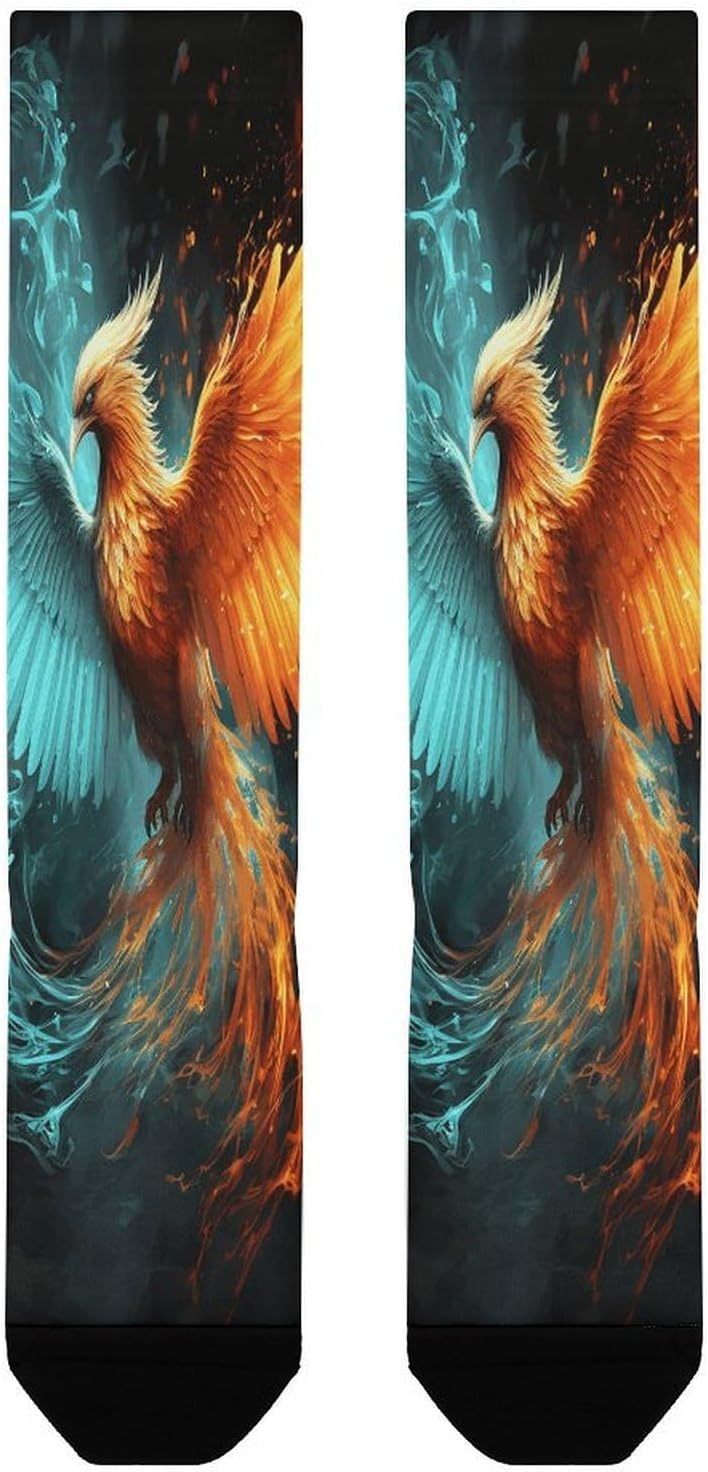 Fire And Water Phoenix Compression Socks for Man Women Breathable Knee High Tube Socks Baseball Football Sock Over The Calf Sock Circulation Support for Running Travel Athletic Daily Wear