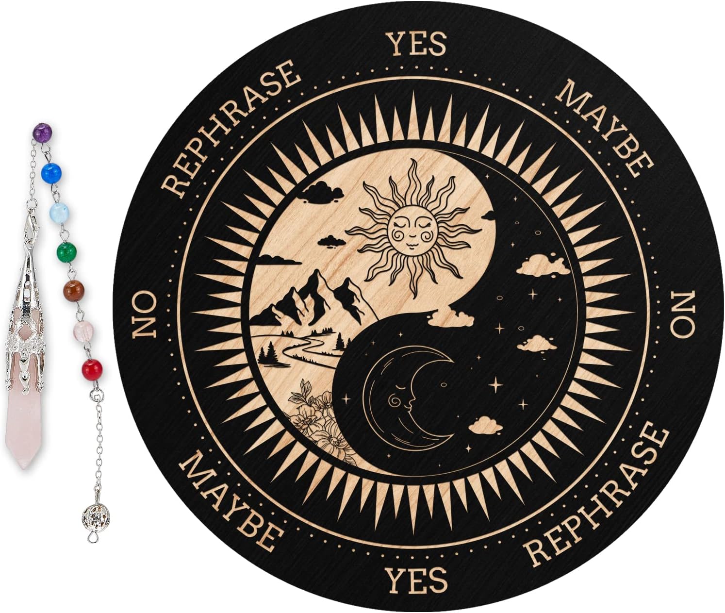 ORIGACH 7.9" Sun and Moon Pendulum Board Wooden Witchcraft Divination Board with Crystal Dowsing Pendulum for Spirit Altar Decoration
