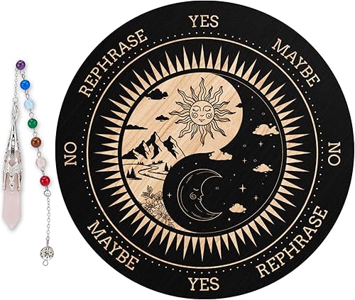 ORIGACH Tablero de péndulo de sol y luna de 7.9 pulgadas, tablero de adivinación de brujería de madera con péndulo de radiestesia de cristal para