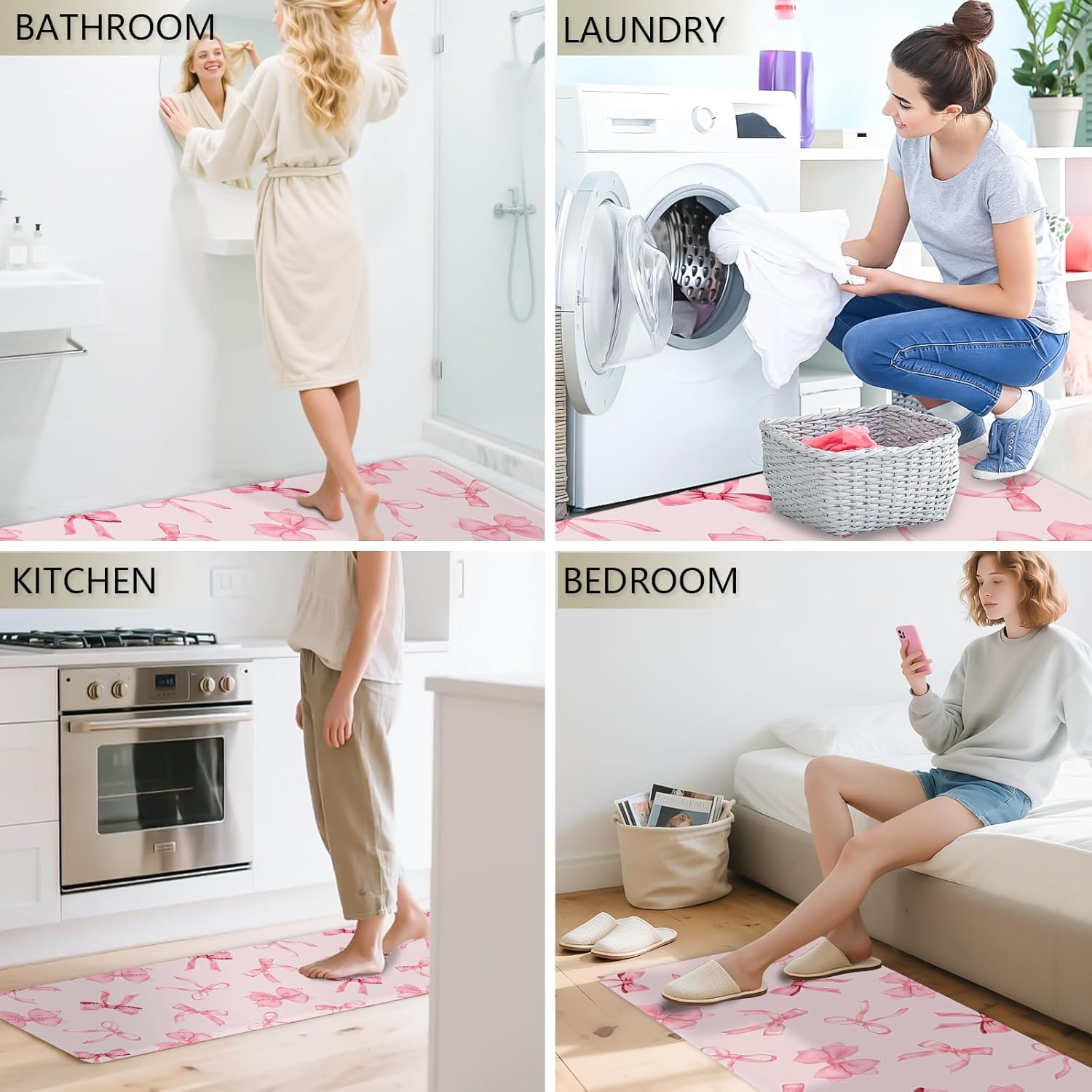 Bow Rugs for Kitchen Floor, 2PCS Anti Fatigue Pink Bow Mats for Kitchen Floor Rubber Non Slip, Washable Cushioned Bowknot Carpet Rug for Sink Laundry Gifts for Christmas 15.7"×27.5" +15.7"×47" 3.5mm