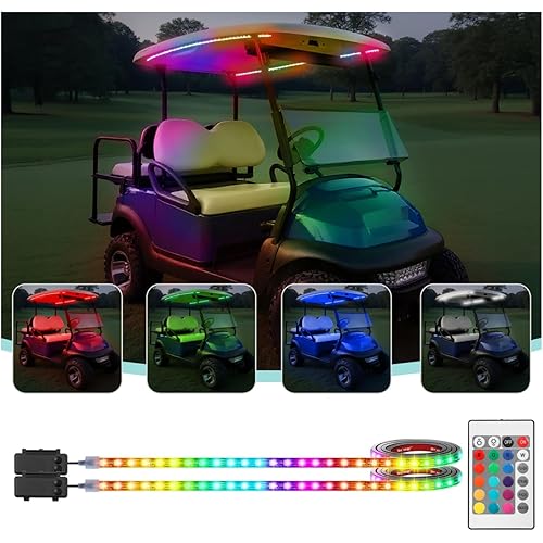 Battery Powered Golf Cart Canopy Lights, 2 Pcs 47.25 Inches Multicolor Golf Cart Roof Light with Remote, IP68 Fully Waterproof Golf Carts Underglow Led Strip Lights for EZGO Yamaha Club Car Boat