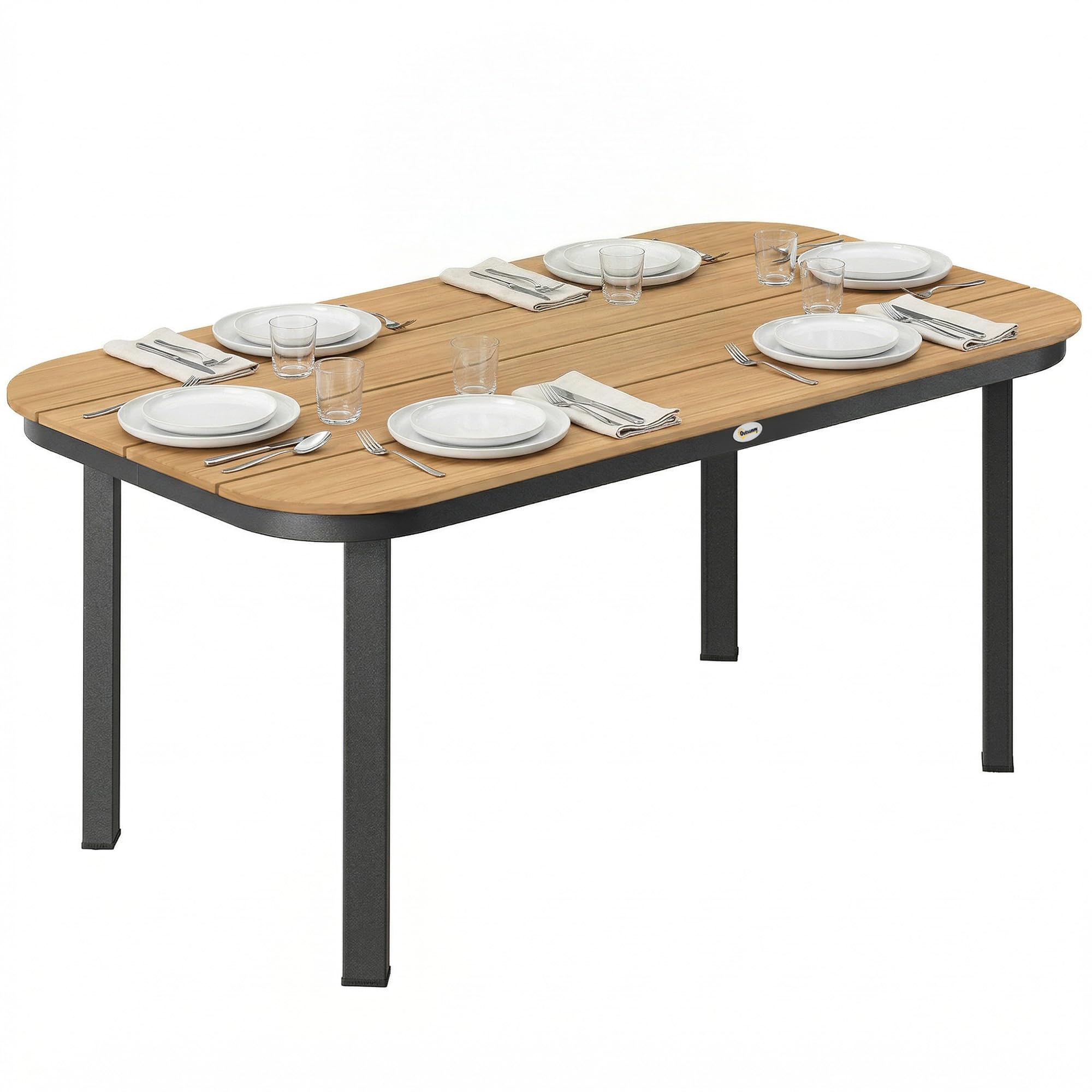 Outsunny Table de Jardin Rectangulaire pour 4-6 Personnes, Plateau en WPC à Lattes, Bords Arrondis, Structure en Métal, Table à Manger de Jardin pour Balcon Terrasse, 155x88x72cm, Naturel