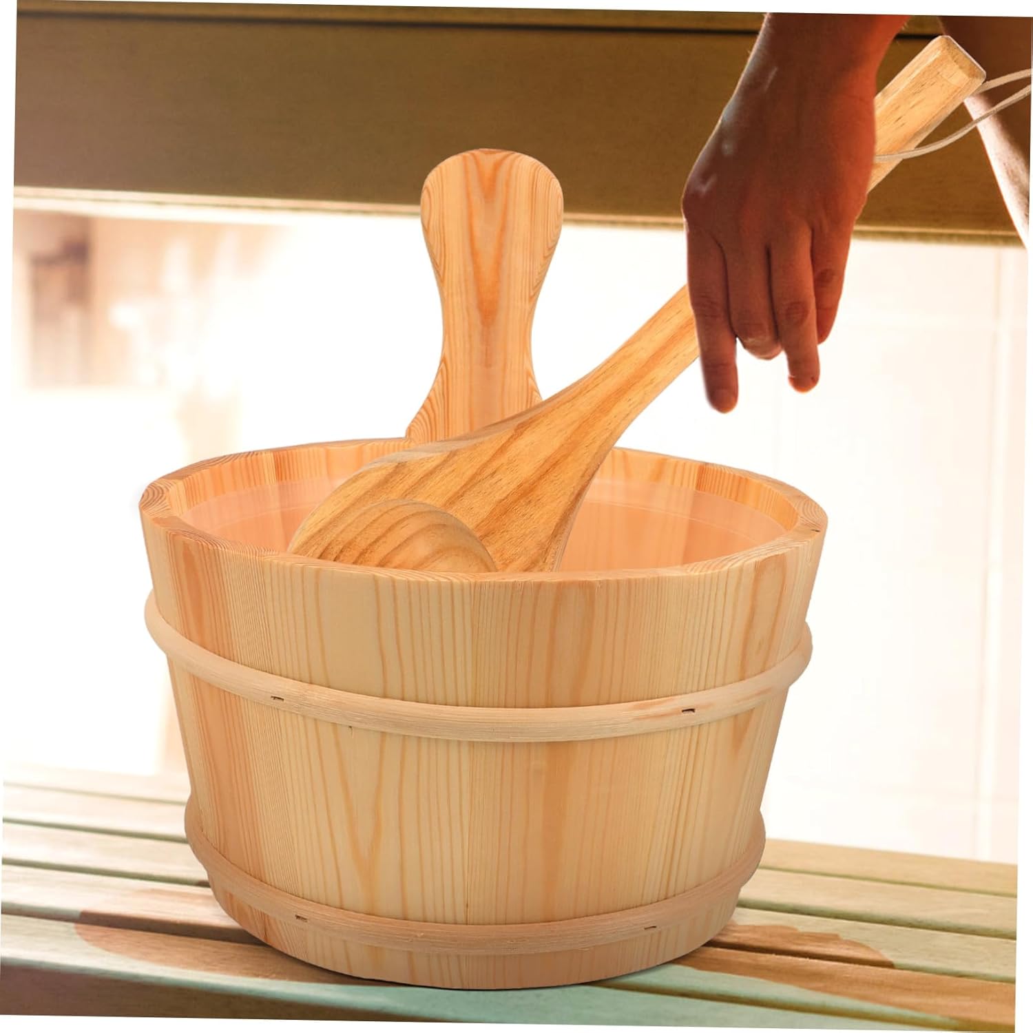 BESPORTBLE Wooden Sauna Bucket Spoon Set for Home Sauna Room Accessories 5L Capacity Traditional Wooden Scoop Relaxation