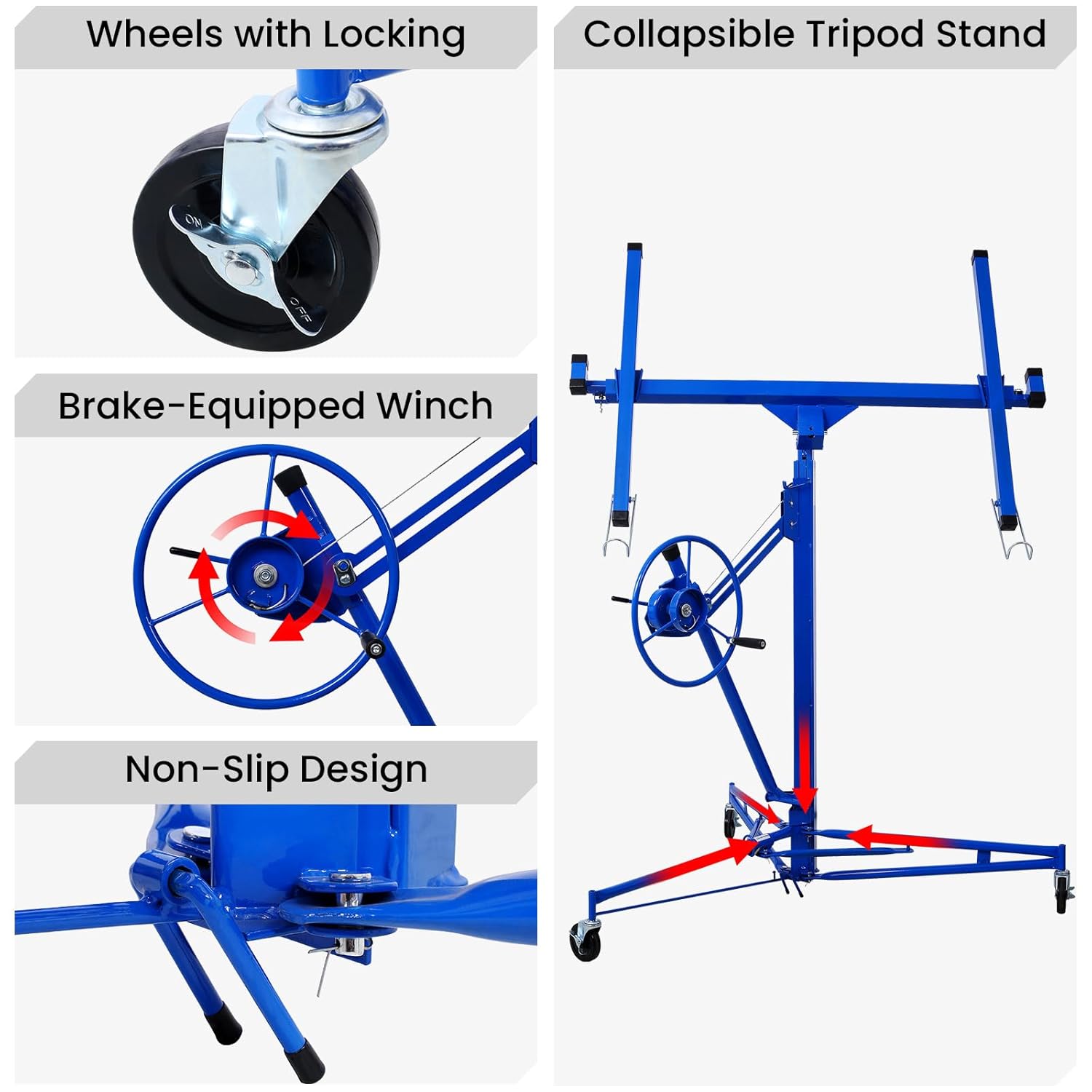 Close-up images showing the locking wheels, brake-equipped winch, non-slip design, and collapsible tripod stand of the drywall lift.