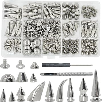 150 Set Punk Spike Rivets Kit, 13 Type Large Studs and Cone Spikes Screw Back Bullet Cone Studs with Install Tools for DIY Project, Necklace Jacket Vest Shoes Boot Leather Crafts Silver